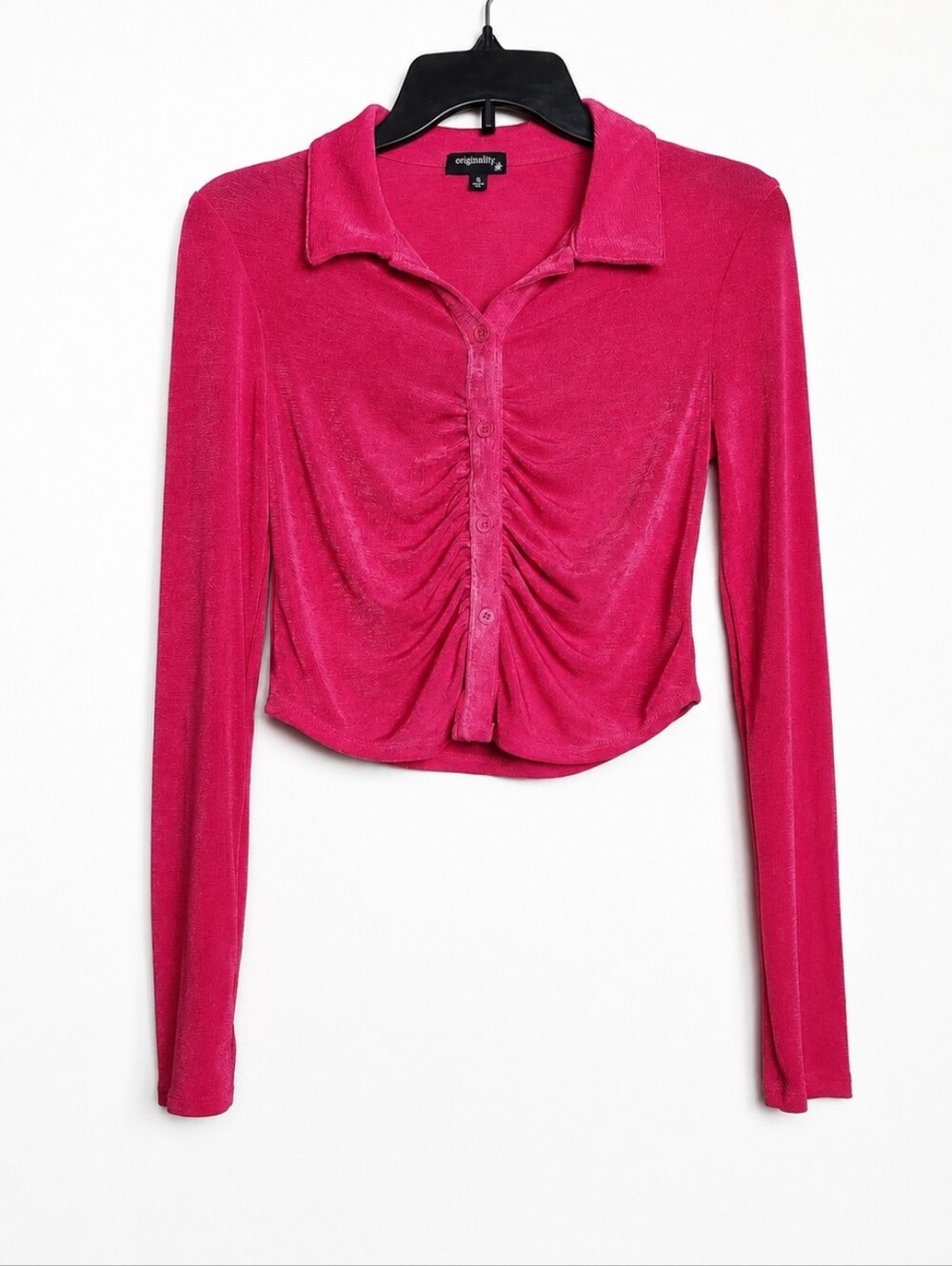 Originality Pink Ruched Button Front Collared Crop Top Juniors Size Small